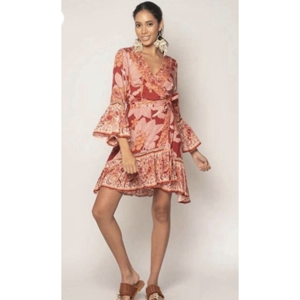 Z&L Europe Red Floral Crane Wrap‎ Mini Dress Viscose Women's M